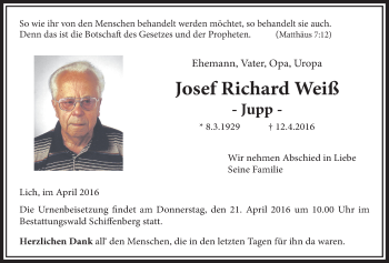 Traueranzeige von Josef Richard Weiß von Licher Wochenblatt, Licher Wochenblatt, Licher Wochenblatt