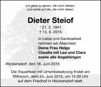 Traueranzeige von Dieter Steiof von Mücker Stimme