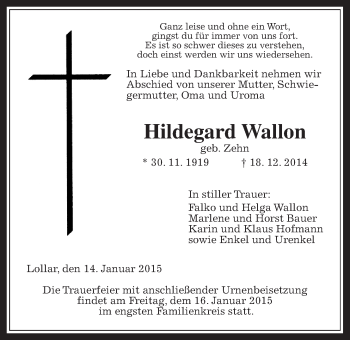 Traueranzeige von Hildegard Wallon von Giessener Allgemeine, Alsfelder Allgemeine