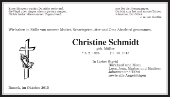 Traueranzeige von Christine Schmidt von Gießener Allgemeine, Alsfelder Allgemeine