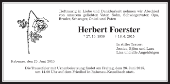 Traueranzeige von Herbert Foerster von Gießener Allgemeine, Alsfelder Allgemeine
