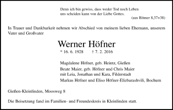 Traueranzeige von Werner Höfner von Gießener Allgemeine, Alsfelder Allgemeine