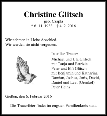Traueranzeige von Christine Glitsch von Gießener Allgemeine, Alsfelder Allgemeine