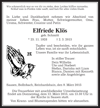 Traueranzeige von Elfriede Klös von Gießener Allgemeine, Alsfelder Allgemeine