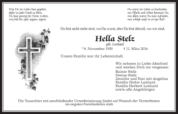 Traueranzeige von Hella Stelz von Wetterauer Zeitung, Wetterauer Zeitung