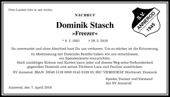Traueranzeige von Dominik Stasch von Gießener Allgemeine, Alsfelder Allgemeine
