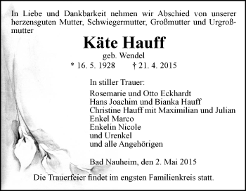 Traueranzeige von Käte Hauff von Wetterauer Zeitung, Wetterauer Zeitung