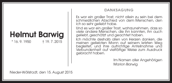 Traueranzeige von Helmut Barwig von Wetterauer Zeitung, Wetterauer Zeitung