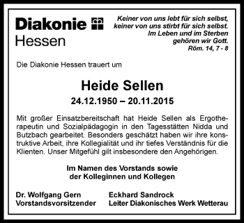 Traueranzeige von Heide Sellen von Wetterauer Zeitung, Wetterauer Zeitung