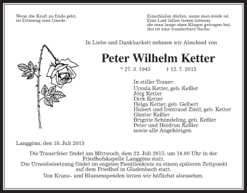Traueranzeige von Peter Wilhelm Ketter von Gießener Allgemeine, Alsfelder Allgemeine