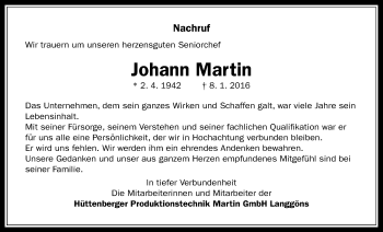 Traueranzeige von Johann Martin von Gießener Allgemeine, Alsfelder Allgemeine