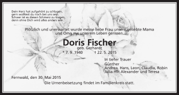 Traueranzeige von Doris Fischer von Gießener Allgemeine, Alsfelder Allgemeine