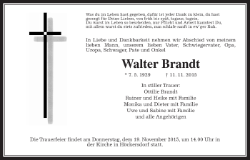 Traueranzeige von Walter Brandt von Alsfelder Allgemeine