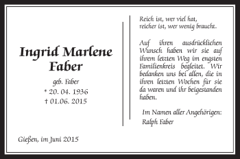Traueranzeige von Ingrid Marlene Faber von Gießener Allgemeine, Alsfelder Allgemeine, Wetterauer Zeitung, Wetterauer Zeitung