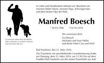 Traueranzeige von Manfred Boesch von Wetterauer Zeitung, Wetterauer Zeitung