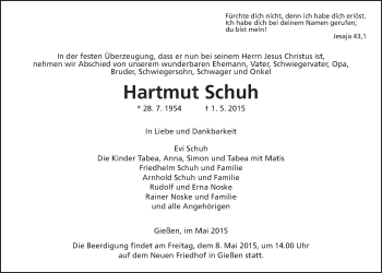 Traueranzeige von Hartmut Schuh von Gießener Allgemeine, Alsfelder Allgemeine