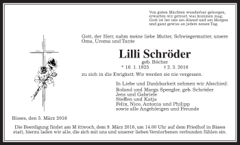 Traueranzeige von Lilli Schröder von Wetterauer Zeitung, Wetterauer Zeitung
