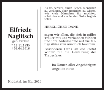 Traueranzeige von Elfriede Naglitsch von Wetterauer Zeitung, Wetterauer Zeitung