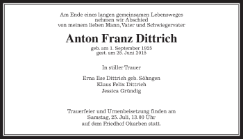 Traueranzeige von Anton Franz Dittrich von Wetterauer Zeitung, Wetterauer Zeitung