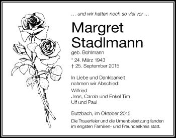 Traueranzeige von Margret Stadlmann von Wetterauer Zeitung, Wetterauer Zeitung