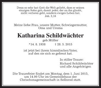 Traueranzeige von Katharina Schildwächter von Gießener Allgemeine, Alsfelder Allgemeine