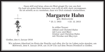 Traueranzeige von Margarete Hahn von Gießener Allgemeine, Alsfelder Allgemeine