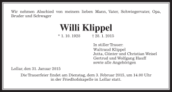 Traueranzeige von Willi Klippel von Gießener Allgemeine, Alsfelder Allgemeine
