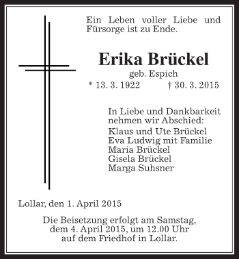 Traueranzeige von Erika Brückel von Gießener Allgemeine, Alsfelder Allgemeine