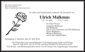 Traueranzeige von Ulrich Malkmus von Wetterauer Zeitung