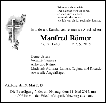 Traueranzeige von Manfred Römer von Gießener Allgemeine, Alsfelder Allgemeine