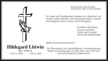 Traueranzeige von Hildegard Littwin von Wetterauer Zeitung, Wetterauer Zeitung