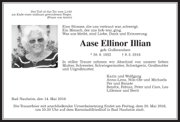 Traueranzeige von Aase Ellinor Illian von Wetterauer Zeitung, Wetterauer Zeitung