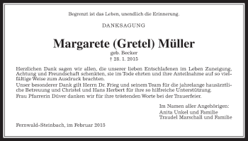 Traueranzeige von Margarete Müller von Gießener Allgemeine, Alsfelder Allgemeine