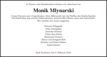 Traueranzeige von Monik Mlynarski von Wetterauer Zeitung, Wetterauer Zeitung