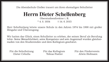 Traueranzeige von Dieter Schellenberg von Gießener Allgemeine, Alsfelder Allgemeine