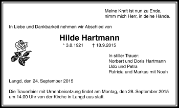 Traueranzeige von Hilde Hartmann von Licher Wochenblatt, Licher Wochenblatt, Licher Wochenblatt