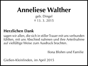 Traueranzeige von Anneliese Walther von Gießener Allgemeine, Alsfelder Allgemeine