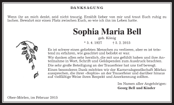 Traueranzeige von Sophia Maria Bell von Wetterauer Zeitung, Wetterauer Zeitung