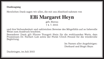 Traueranzeige von Elli Margaret Heyn von Gießener Allgemeine, Alsfelder Allgemeine