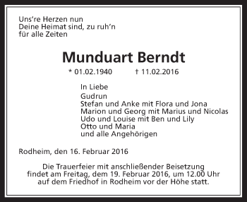 Traueranzeige von Munduart Berndt von Wetterauer Zeitung, Wetterauer Zeitung