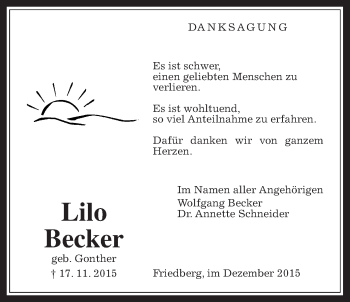 Traueranzeige von Lilo Becker von Wetterauer Zeitung, Wetterauer Zeitung