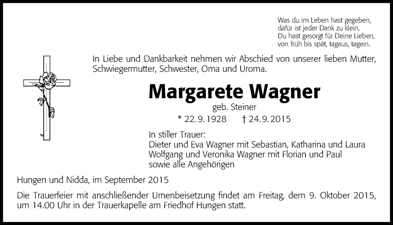  Traueranzeige für Margarete Wagner vom 01.10.2015 aus Licher Wochenblatt, Licher Wochenblatt, Licher Wochenblatt
