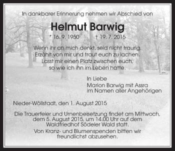 Traueranzeige von Helmut Barwig von Wetterauer Zeitung, Wetterauer Zeitung