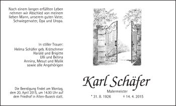 Traueranzeige von Karl Schäfer von Gießener Allgemeine, Alsfelder Allgemeine