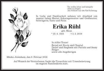 Traueranzeige von Erika Rühl von Gießener Allgemeine, Alsfelder Allgemeine