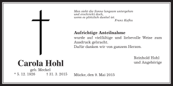 Traueranzeige von Carola Hohl von Gießener Allgemeine, Alsfelder Allgemeine