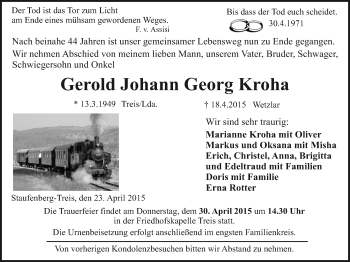 Traueranzeige von Gerold Johann Georg Kroha von Gießener Allgemeine, Alsfelder Allgemeine