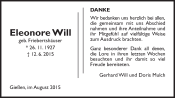Traueranzeige von Eleonore Will von Gießener Allgemeine, Alsfelder Allgemeine
