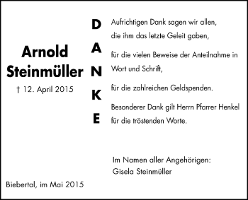 Traueranzeige von Arnold Steinmüller von Gießener Allgemeine, Alsfelder Allgemeine
