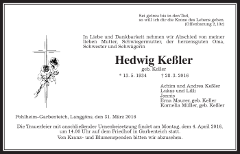 Traueranzeige von Hedwig Keßler von Gießener Allgemeine, Alsfelder Allgemeine